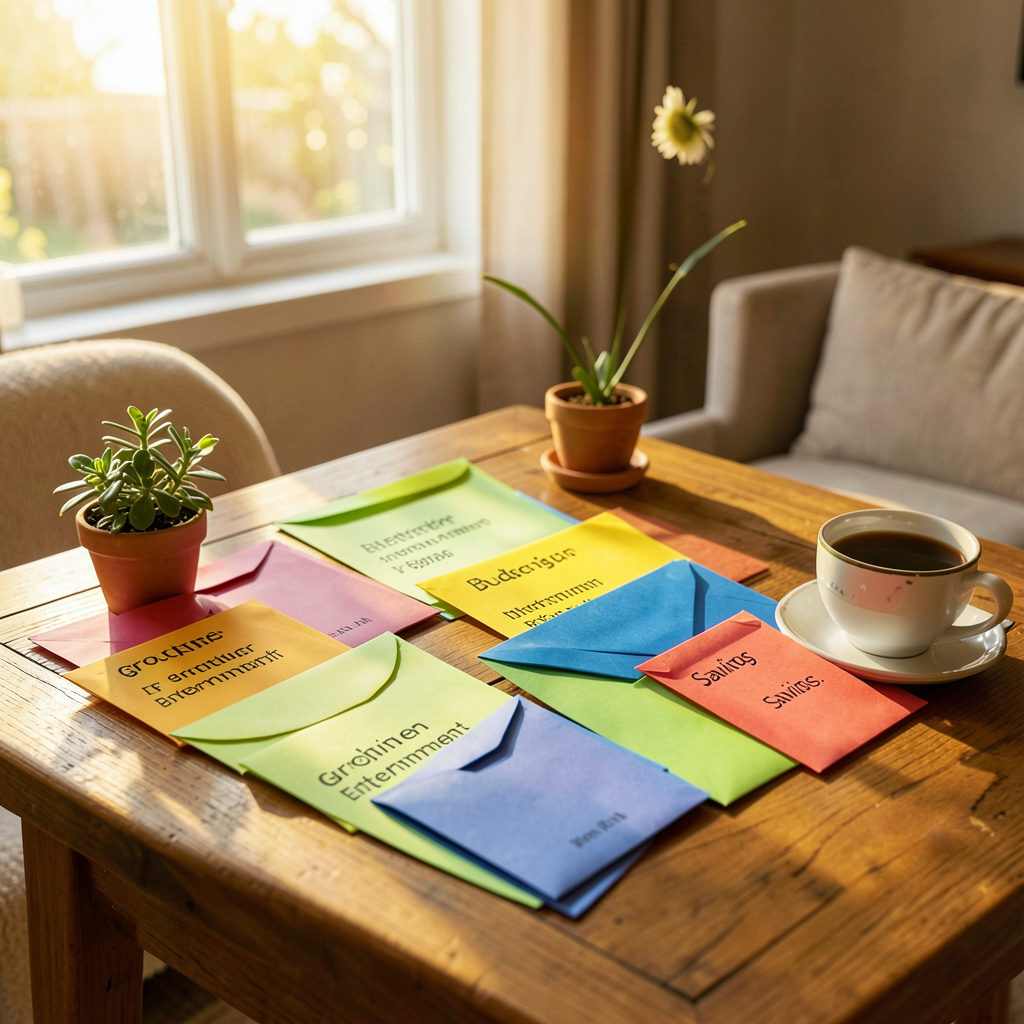 Enveloppes colorées organisées sur une table avec des étiquettes de dépenses, argent liquide visible