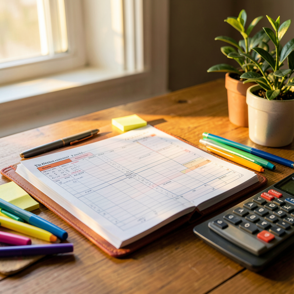 Un tableau de gestion budgétaire avec des cases colorées pour les dépenses fixes et variables