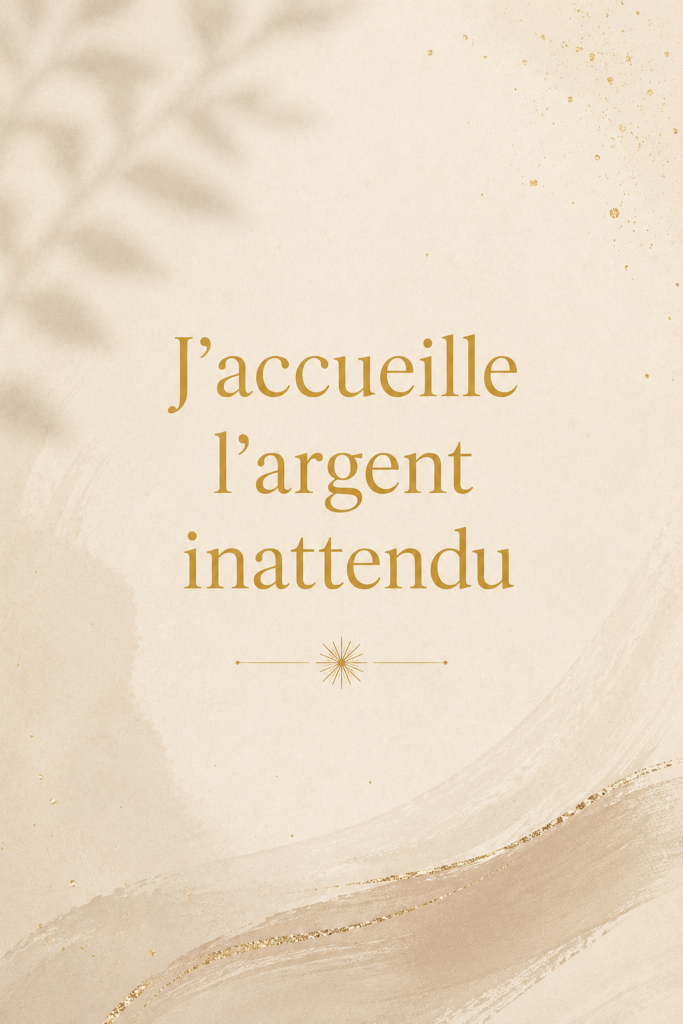 Femme méditant dans un espace serein avec des affirmations financières en arrière-plan.