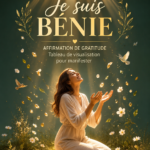 Femme souriante tenant un tableau de vision de gratitude avec des affirmations inspirantes.