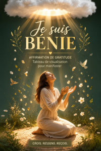Femme souriante tenant un tableau de vision de gratitude avec des affirmations inspirantes.