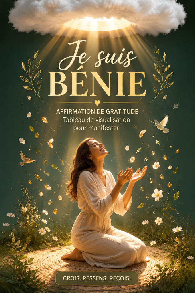 Femme souriante tenant un tableau de vision de gratitude avec des affirmations inspirantes.
