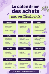 Un calendrier illustrant les meilleures périodes d'achats pour faire des économies, avec des couleurs attractives et des icônes de produits.