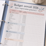 Un carnet de budget ouvert avec des notes et des outils de gestion financière pour 2026.