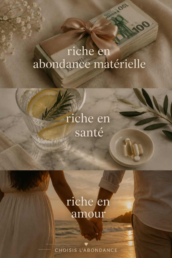 Un magnifique collage représentant l'abondance en richesse, santé et amour.