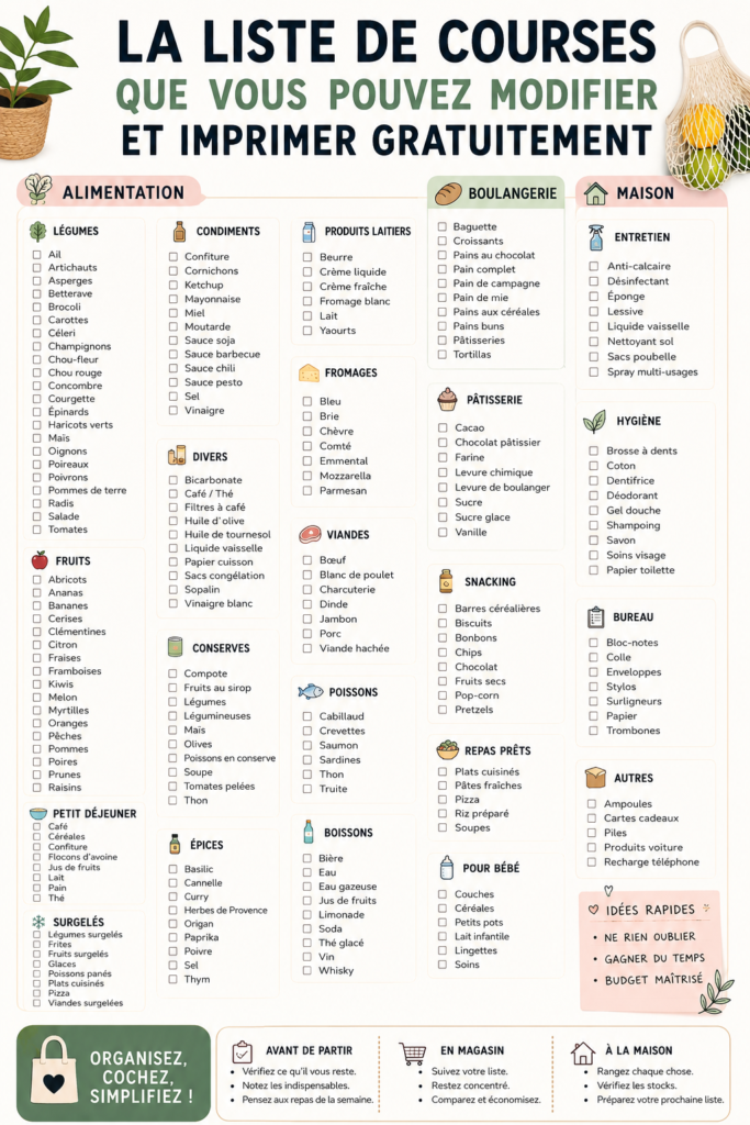 Une liste de courses imprimable et modifiable avec des sections organisées pour les catégories d'aliments.