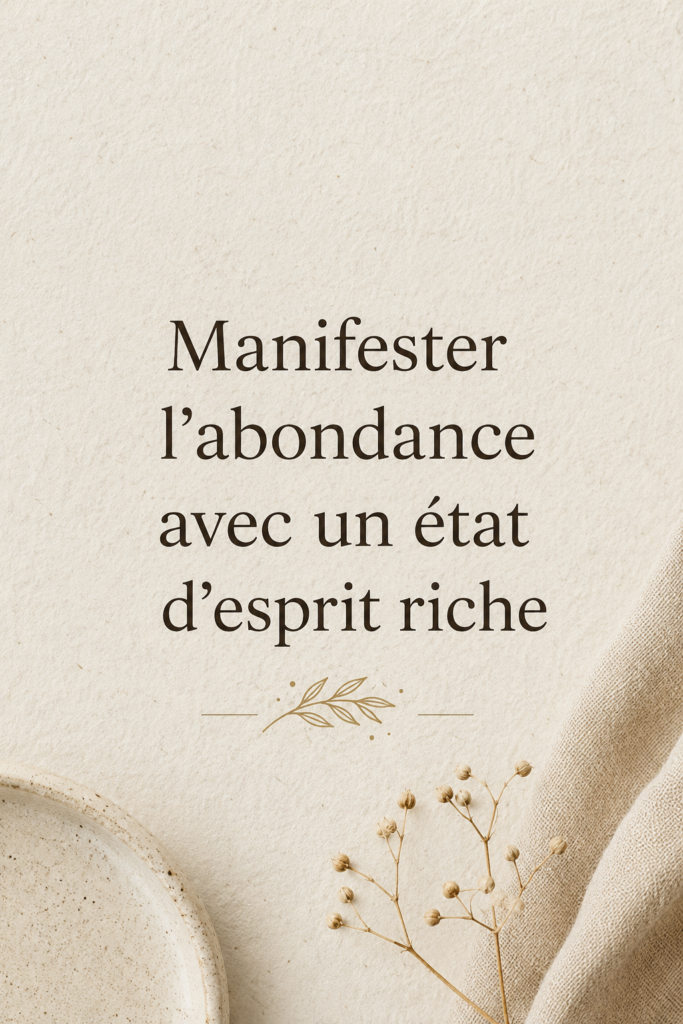 Femme souriante méditant dans un cadre paisible, représentant l'abondance et un état d'esprit positif.