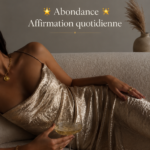Femme méditant avec des affirmations positives autour d'elle, illustrant la mentalité d'abondance