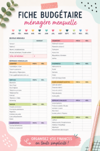 Modèle de budget ménager imprimable sur une table de travail avec des stylos