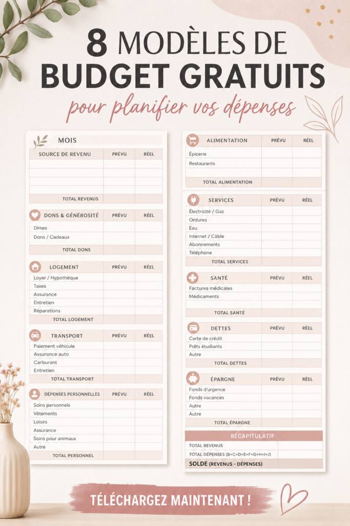 Modèle de budget imprimable sur une table avec des fournitures de bureau