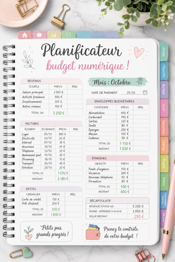 Femme utilisant un planner numérique pour organiser son budget
