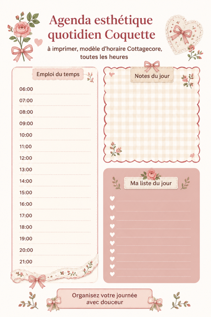 Agenda esthétique Coquette à imprimer avec motifs Cottagecore