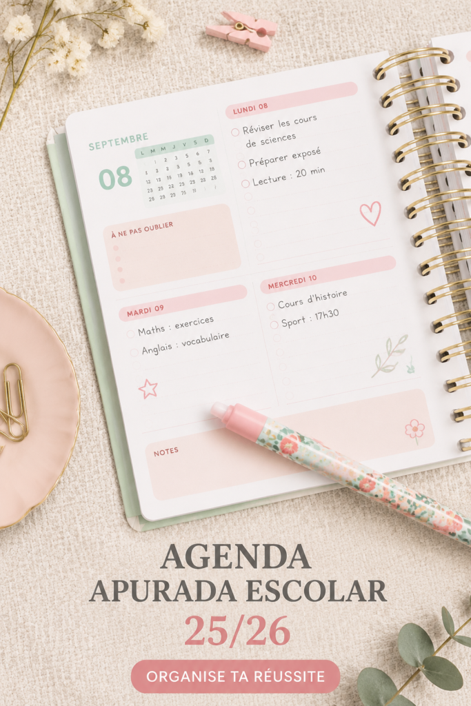 Un agenda scolaire ouvert avec des notes et des stylos, prêt à être utilisé pour la planification.