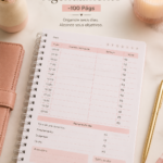 Un caderno d'agenda ouvert avec des notes colorées et des accessoires de bureau.