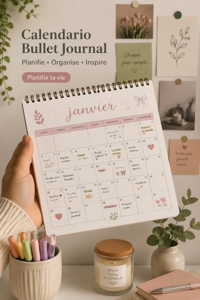 Un calendrier Bullet Journal stylisé sur un bureau avec quelques fournitures de papeterie.