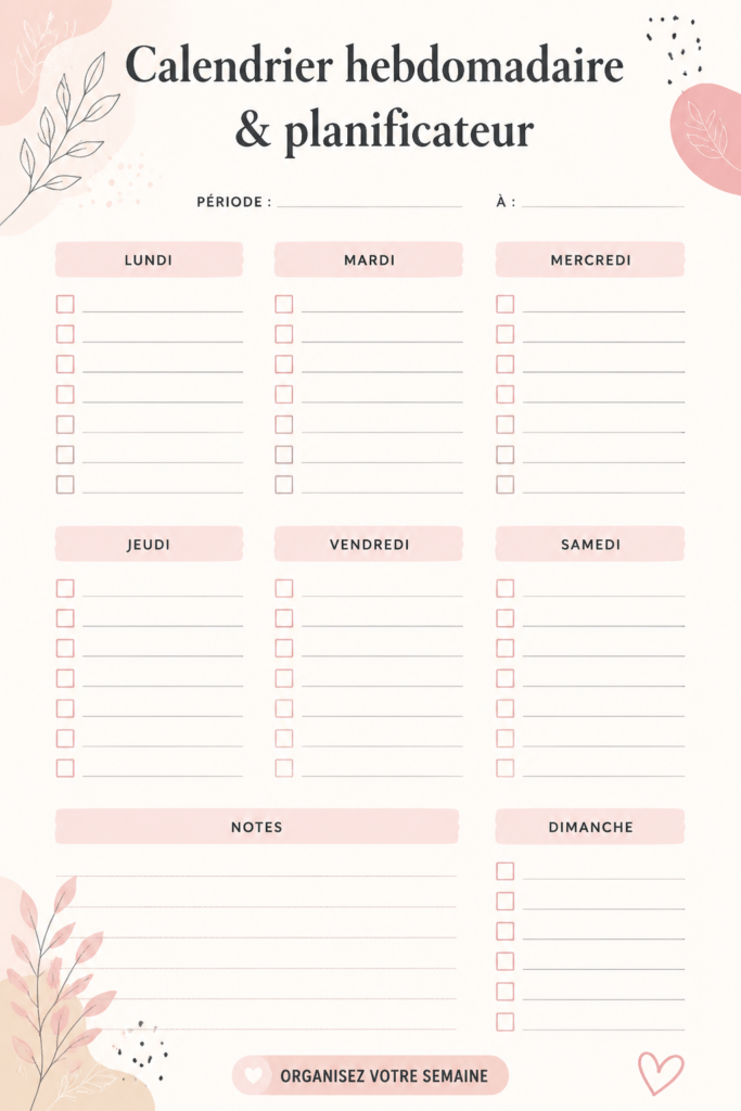 Calendrier hebdomadaire imprimable coloré sur un bureau