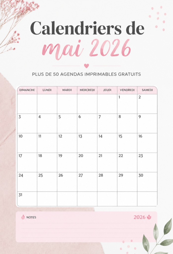 Calendrier imprimable de mai 2026, prêt à être utilisé pour l'organisation