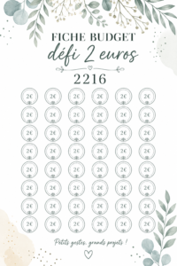Femme souriante avec sa fiche budget défi 2 euros en main.