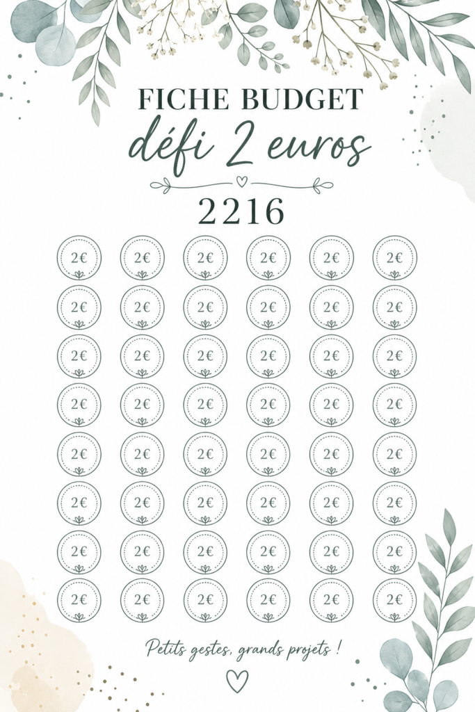 Femme souriante avec sa fiche budget défi 2 euros en main.