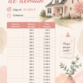 Illustration d'une femme gérant son budget avec des documents et un ordinateur, représentant la gestion financière