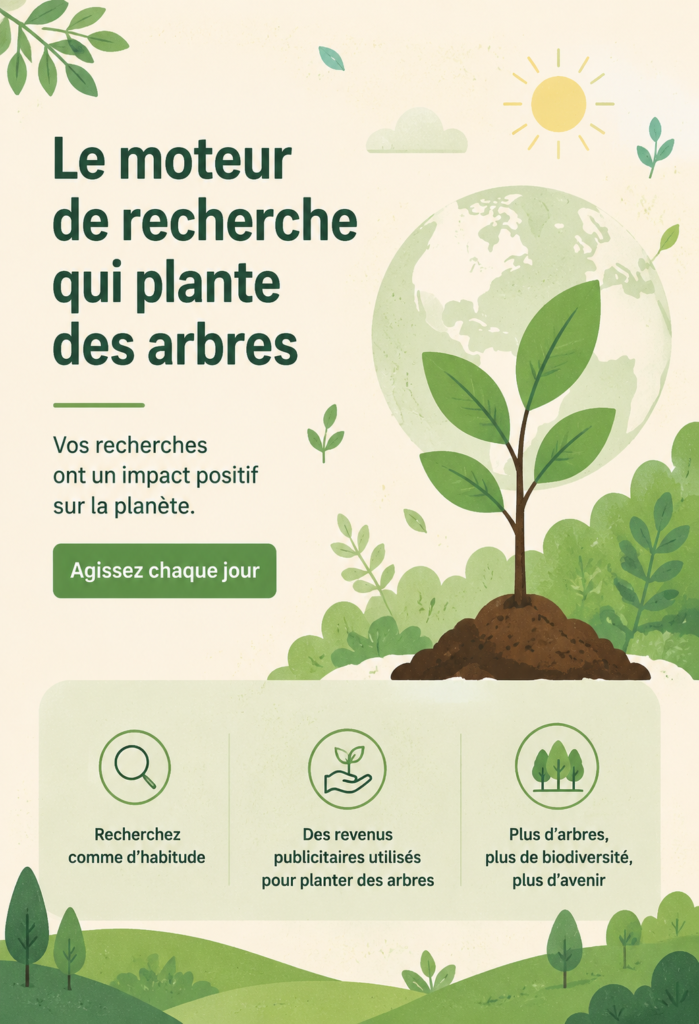 Ecosia, le moteur de recherche qui plante des arbres, avec des visuels de nature verdoyante.
