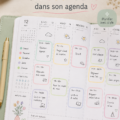 Agenda Quo Vadis ouvert avec des notes colorées et stylos assortis
