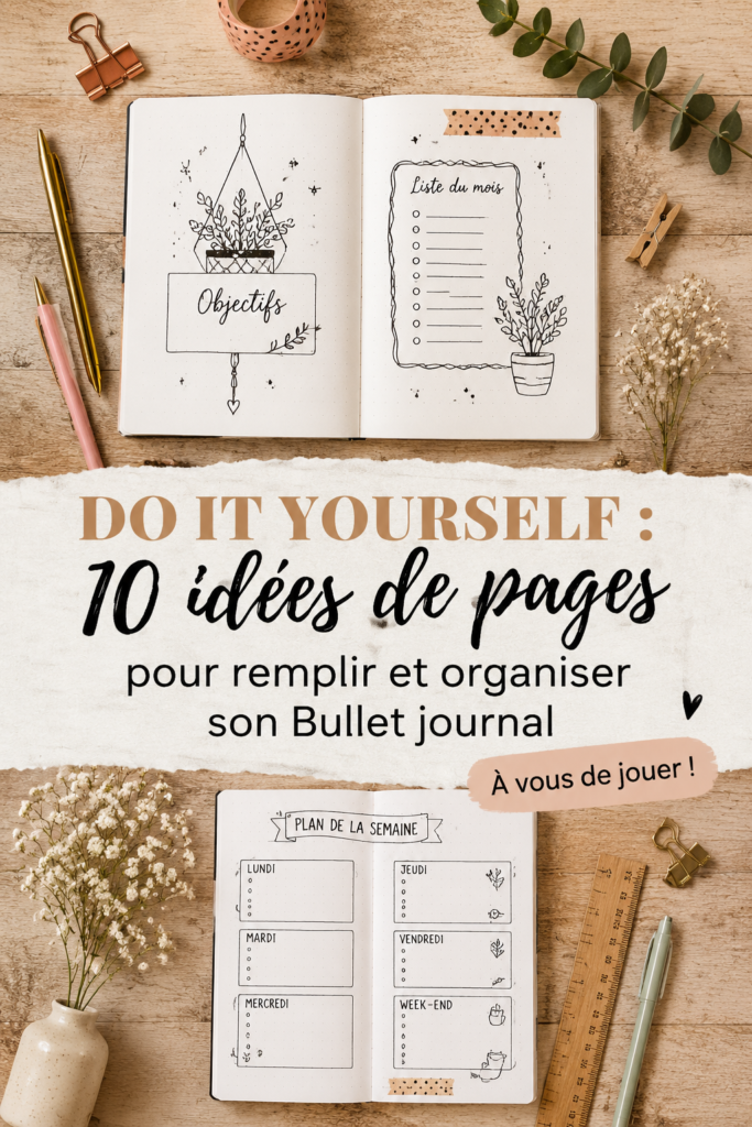 Illustration d'un bullet journal coloré et organisé avec des pages créatives.