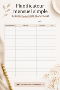 Planificateur de budget mensuel à imprimer avec des colonnes pour les dépenses et les revenus.