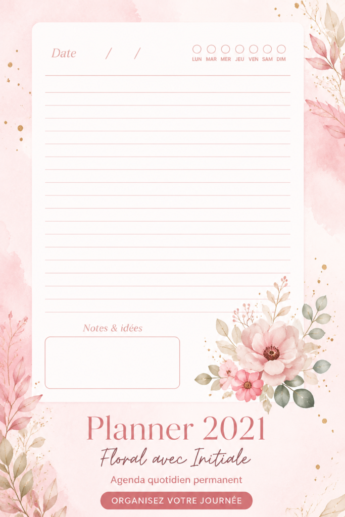 Un planner floral ouvert sur une table, avec des stylos colorés à côté pour une organisation élégante.