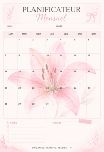 Un planner mensuel avec un design élégant orné de lys roses