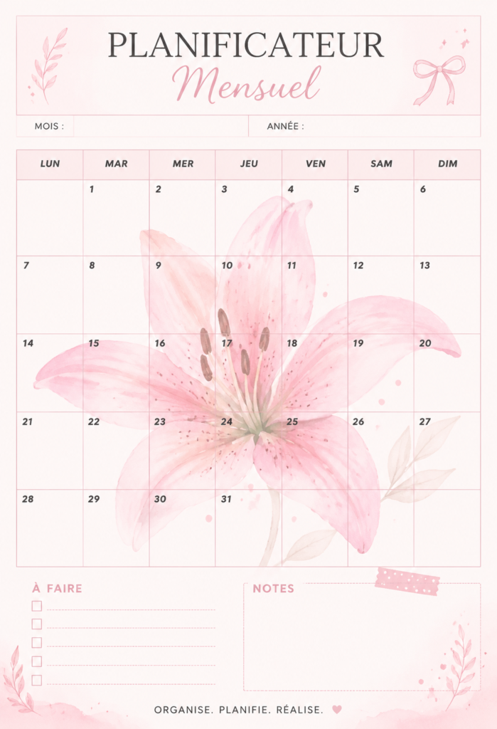 Un planner mensuel avec un design élégant orné de lys roses
