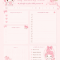 Image d'un planner rose My Melody ouvert sur un bureau avec des fournitures colorées.