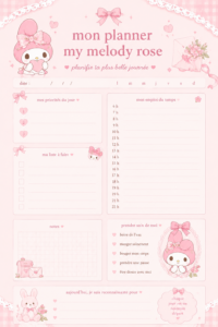 Image d'un planner rose My Melody ouvert sur un bureau avec des fournitures colorées.