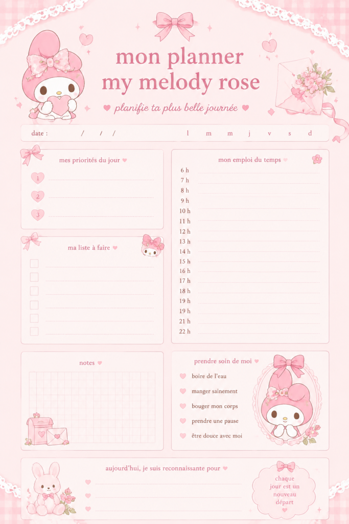 Image d'un planner rose My Melody ouvert sur un bureau avec des fournitures colorées.