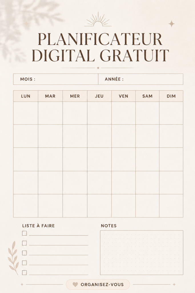 Planner numérique gratuit à imprimer sur un bureau chaleureux avec des accessoires de bureau