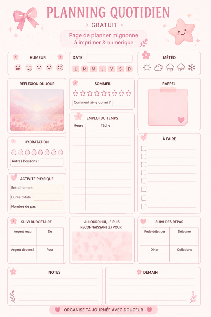 Image d'un planner quotidien imprimable avec des fleurs et un design attrayant