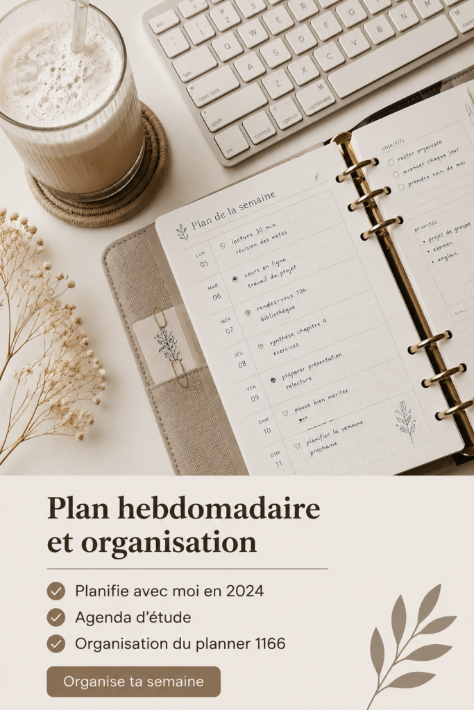 Une femme souriante organisant son planning hebdomadaire avec des fournitures colorées.
