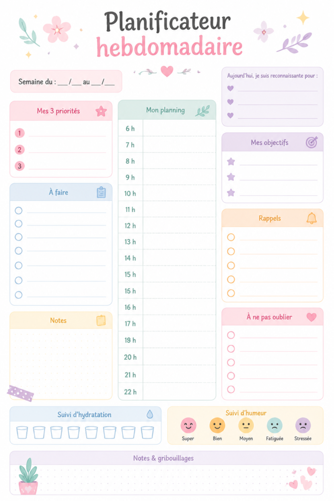 Modèle de planning hebdomadaire imprimable sur un bureau moderne