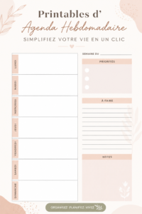 Un agenda hebdomadaire imprimable sur une table avec des stylos colorés.