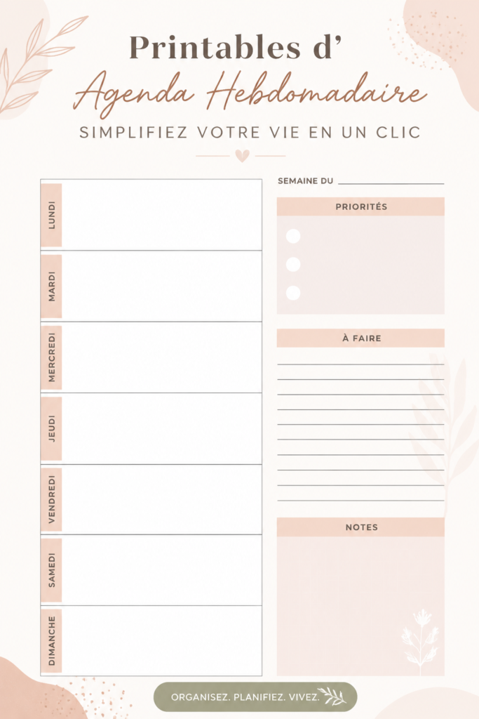 Un agenda hebdomadaire imprimable sur une table avec des stylos colorés.