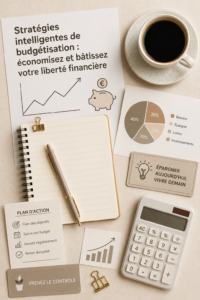 Femme examinant ses finances à l'aide de notes et d'un ordinateur, illustrant la gestion budgétaire.