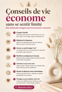 Une femme souriante montrant son budget personnel avec des éléments de décoration simples.