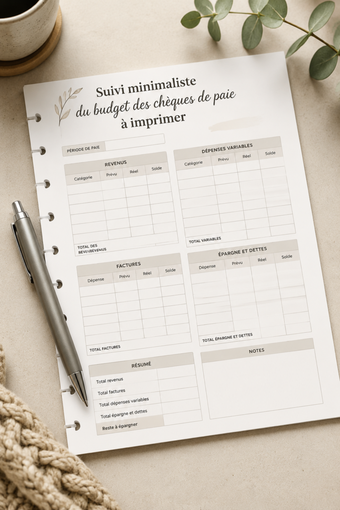 Modèle imprimable de budget minimaliste au format classique