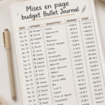 Mise en page colorée d'un Bullet Journal montrant le suivi de budget.