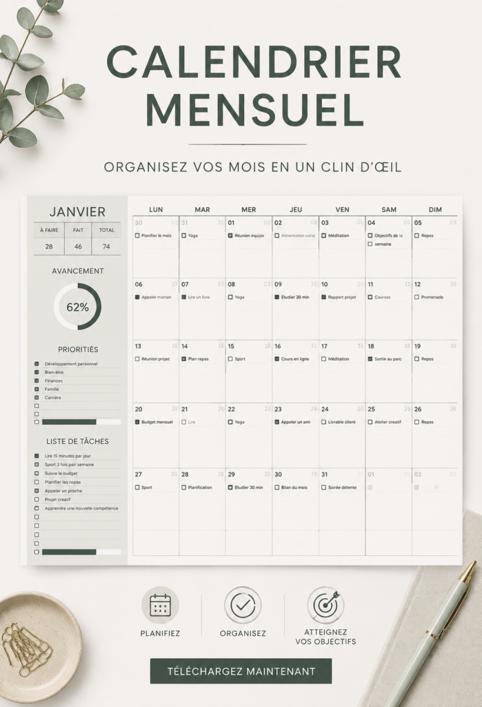 Capture d'écran d'un calendrier créé sur Google Sheets avec une mise en forme colorée.