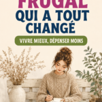 Une femme souriante appréciant une table frugale avec des mets simples et sains, représentant un mode de vie frugal.