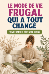 Une femme souriante appréciant une table frugale avec des mets simples et sains, représentant un mode de vie frugal.