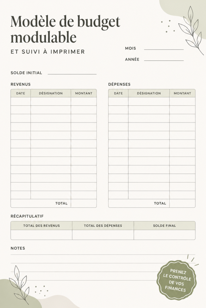 Modèle de budget personnalisable et imprimable sur une table en bois, entouré de stylos et de feuilles.