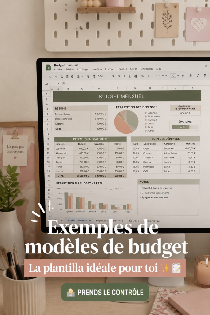 Modèle de budget mensuel sur une table avec des fournitures de bureau.