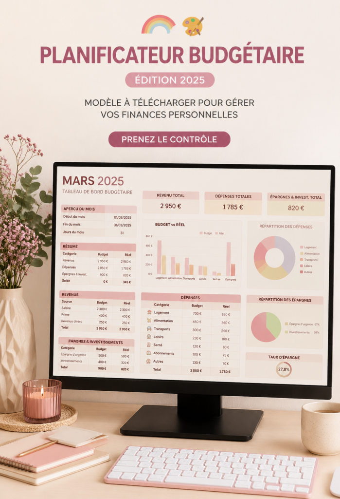 Modèle digital de planificateur de budget 2025 sur fond lumineux
